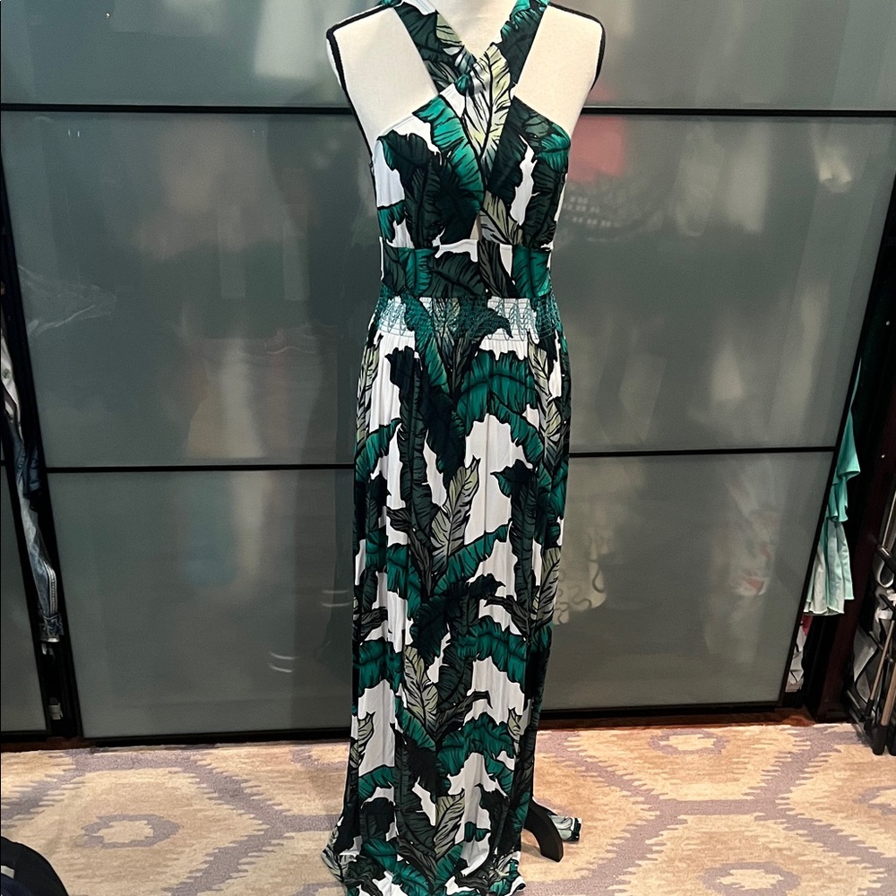Tracy Reese Green and White Leaf Print Maxi Dress NWOT